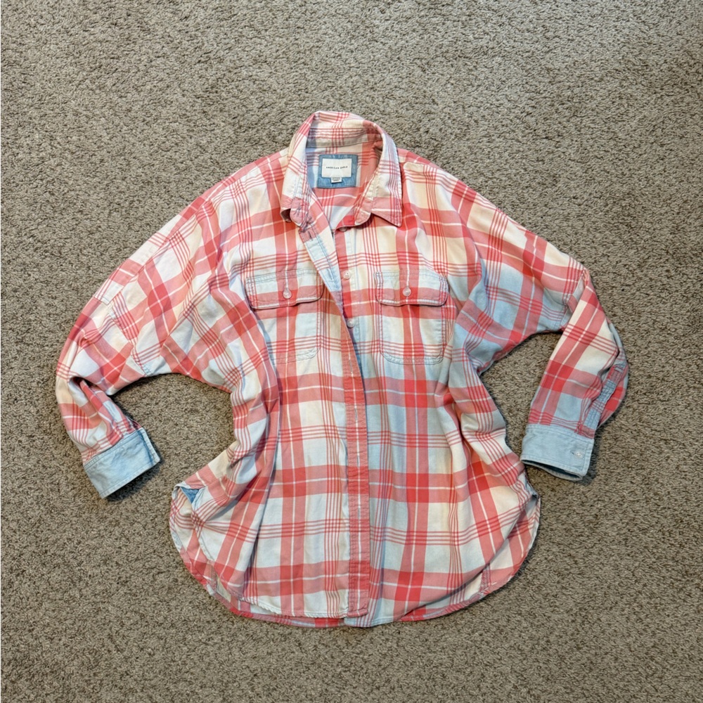 American Eagle Red, White, and Blue Plaid Button-Up Oversized Shirt XS